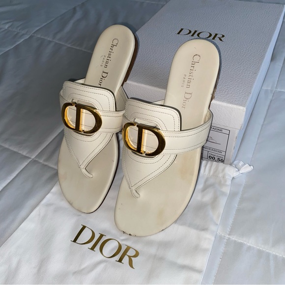 DIOR Authentic Christian Dior 30 Montaigne CD Gold Logo White Leather Sandals 37 - Picture 7 of 11